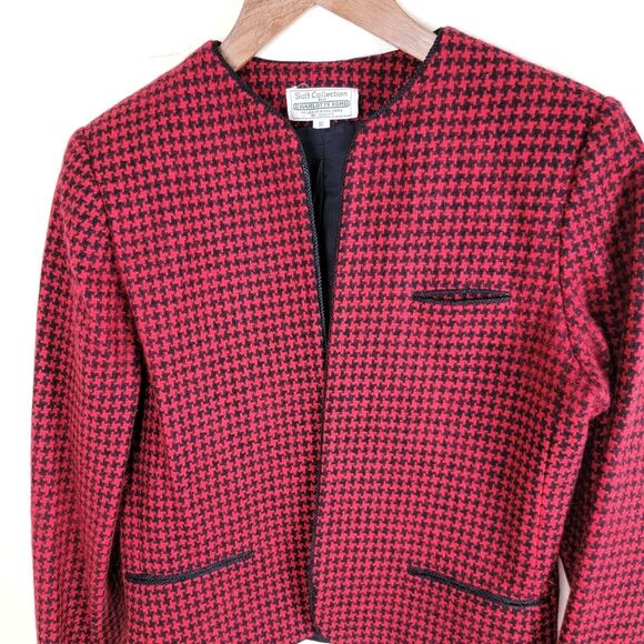 Charlotte Ford Vintage Womens Houndstooth Wool Open Blazer size 10 Red Black - Picture 4 of 12